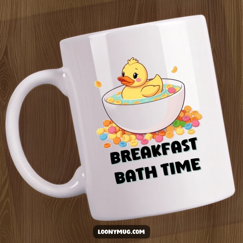 Funny rubber duck curiously floating in a giant bowl of cereal, on a mug, bringing breakfast humor, gift idea.