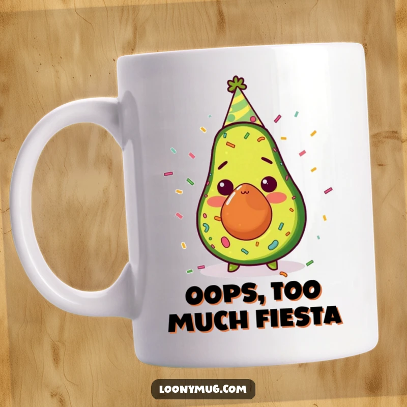 Funny avocado wearing a party hat, surprised and covered in confetti, spilling over a ceramic mug, perfect for gift.