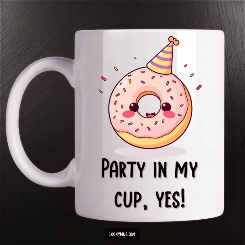Funny mug showing a cheerful donut in a party hat happily juggling colorful sprinkles.
