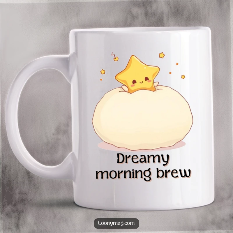 Funny mug showing a happy dreaming star character bouncing joyfully on a giant, fluffy pillow.