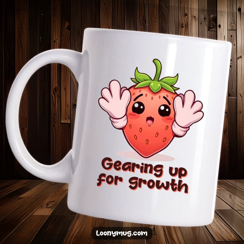 Funny surprised strawberry wearing oversized gardening gloves, looking bewildered on this delightful mug.