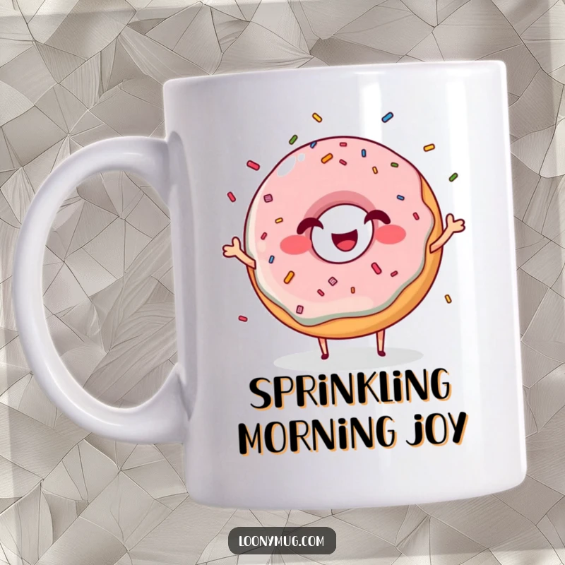 Funny giggling donut mug character joyfully juggling colorful sprinkles with a wide grin, a sweet and humorous treat.
