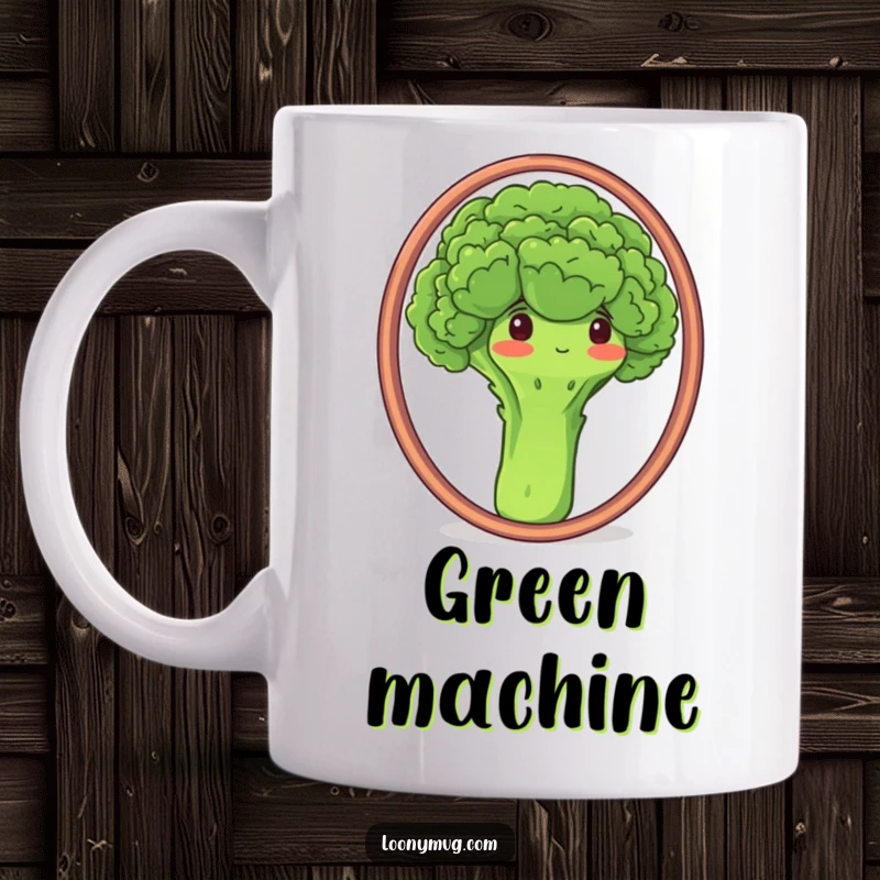Funny mug showing a proud broccoli staring into a mirror and admiring its florets, celebrating self-acceptance.