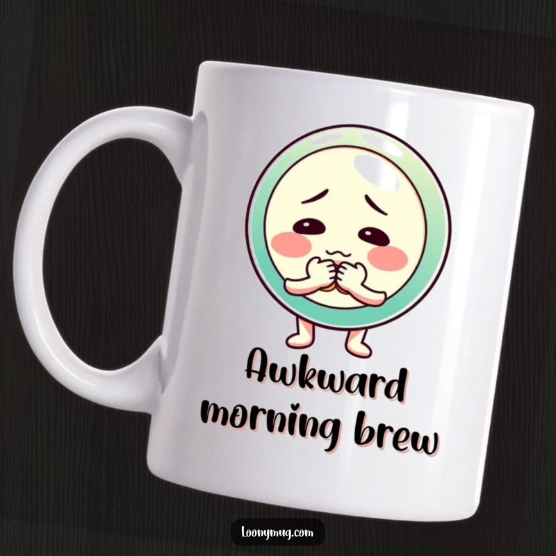 Funny mug featuring a shy button character fumbling with its own buttons in a moment of pure, adorable embarrassment.