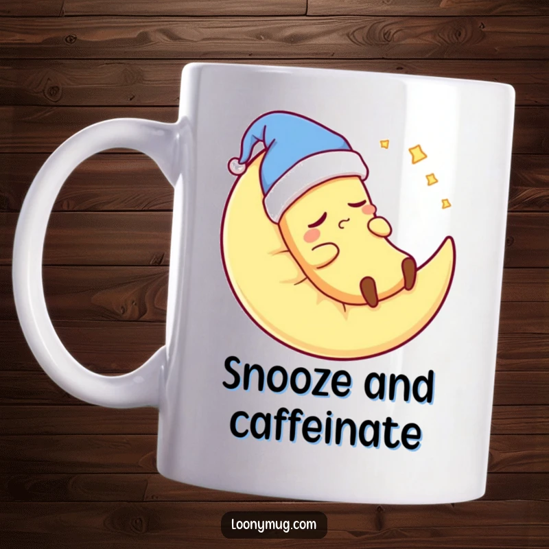 Funny sleepy banana in a nightcap, snoring on a moon pillow, on a mug, conveying ultimate relaxation and humor.