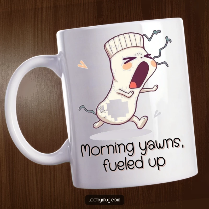 Funny mug: a supremely sleepy sock opens its mouth wide in a huge yawn while being pursued by a menacing lint monster.