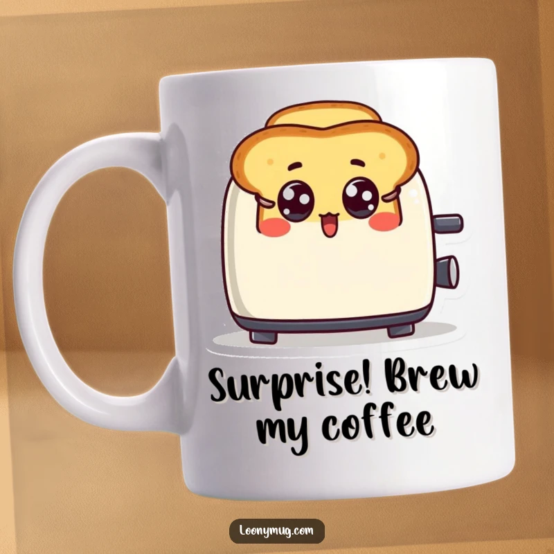 Funny mug featuring a surprised toast character leaping out of a toaster with wide, comical eyes.