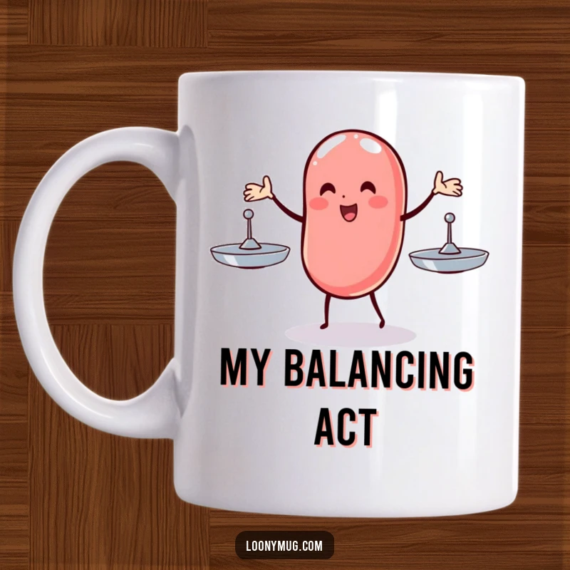 Funny mug featuring a wobbly jelly bean precariously juggling three spinning plates, symbolizing the chaotic balance of life.