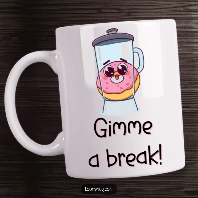 Funny mug featuring a startled donut with googly eyes, attempting to escape a blender, a humorous and quirky gift.