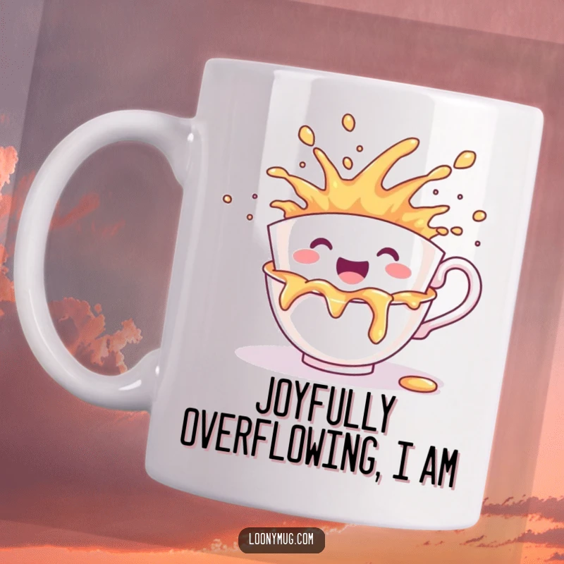 Funny mug featuring a cheerful teacup character joyfully spilling its contents in a colorful explosion.