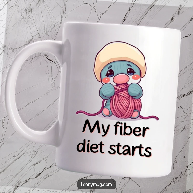 Funny mug showcasing a mischievous sock puppet with a wide grin, attempting to eat a ball of colorful yarn with its felt mouth.