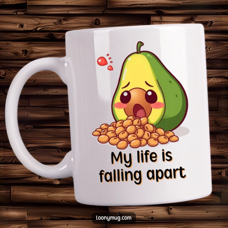 Funny shocked avocado spilling its seeds in disbelief, looking utterly surprised and hilarious on this mug. A great gift for avocado fans.