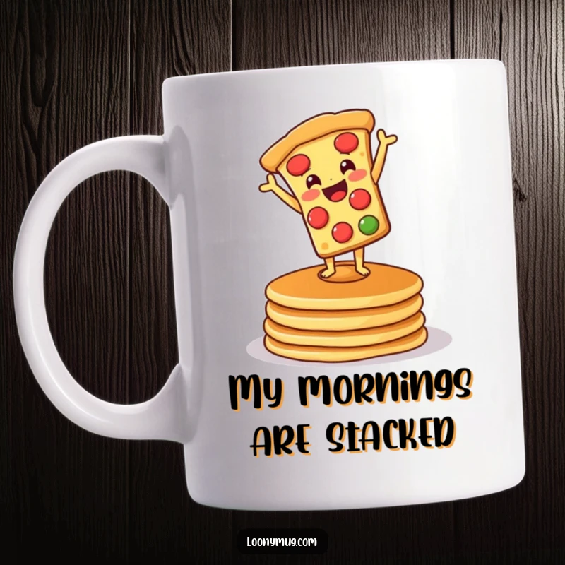 Funny mug with a cheerful pizza doing a handstand on wobbly pancakes, celebrating breakfast absurdity with a playful, energetic vibe.