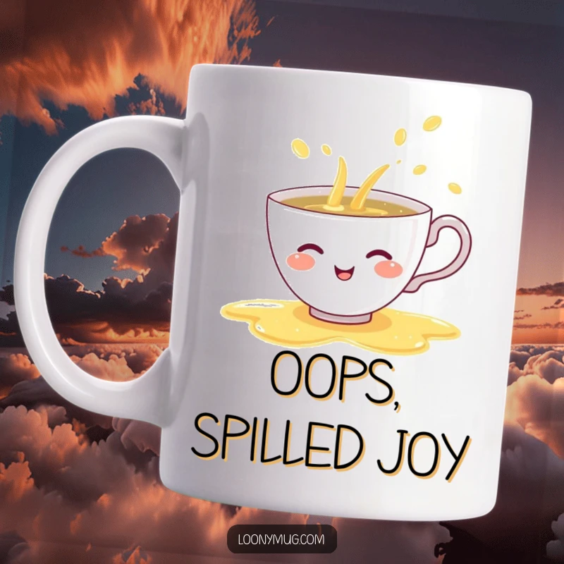 Funny mug featuring a shy teacup giggling as it spills a vibrant rainbow of tea, a whimsical and cheerful design.
