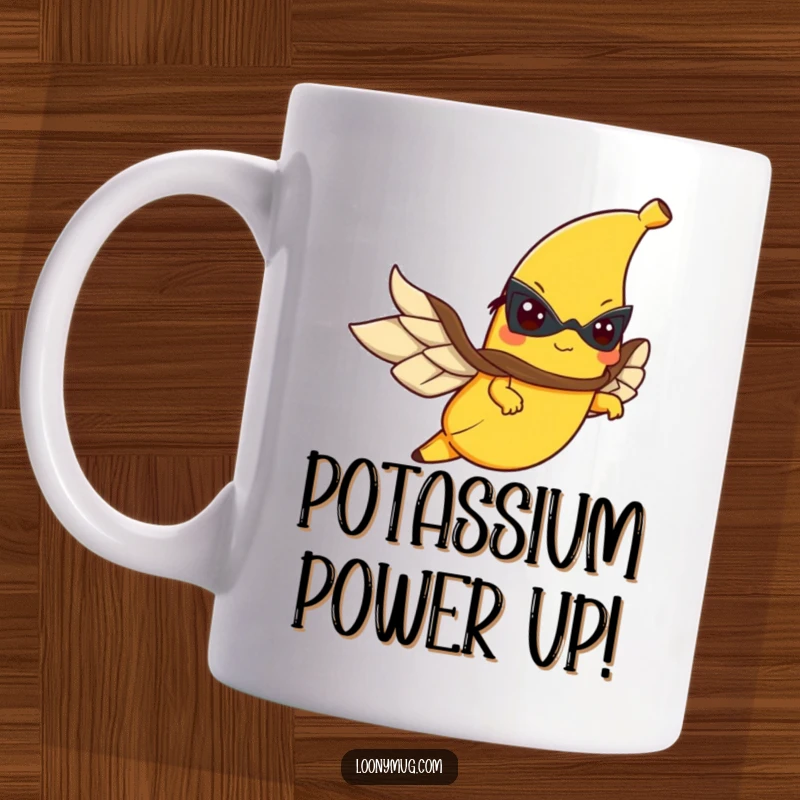Funny mug showing a determined banana with a cape flying heroically, ready to conquer any task.