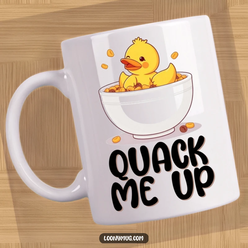 Funny mug showing a clumsy rubber ducky stuck in a giant bowl of cereal, a humorous and relatable breakfast scene.