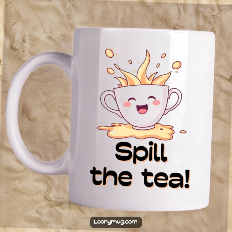 Funny mug featuring a cheerful teacup character joyfully spilling its contents due to extreme excitement, creating a playful mess.