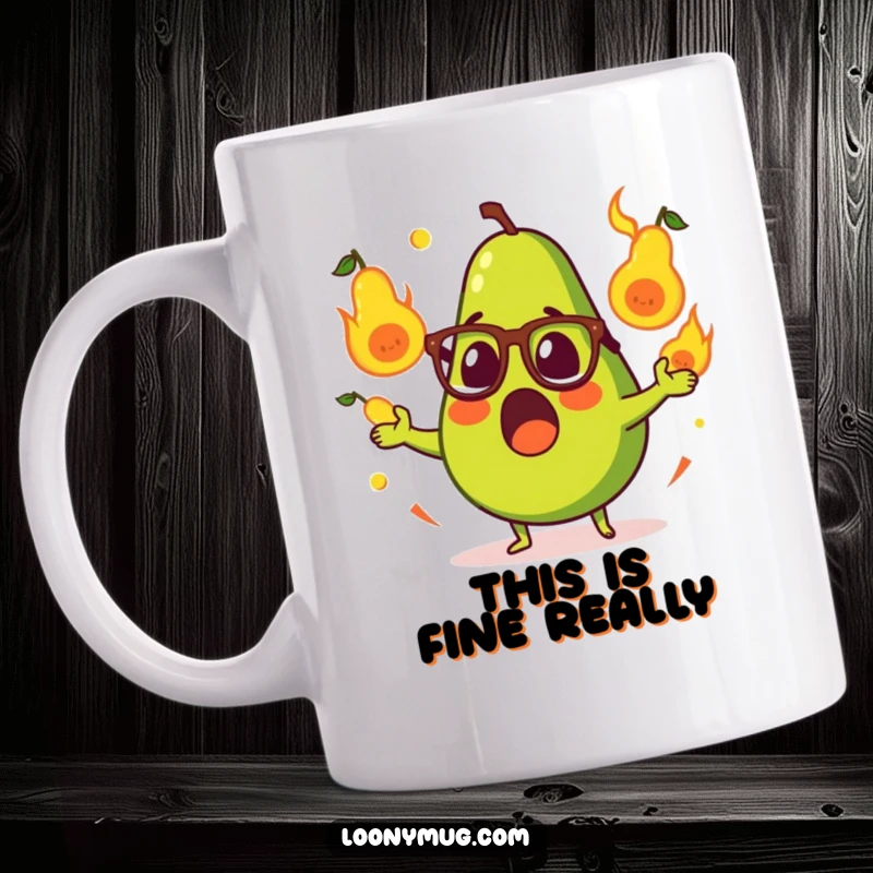 Funny mug featuring a surprised avocado in glasses, fumbling flaming pears, perfect for a witty and humorous gift.