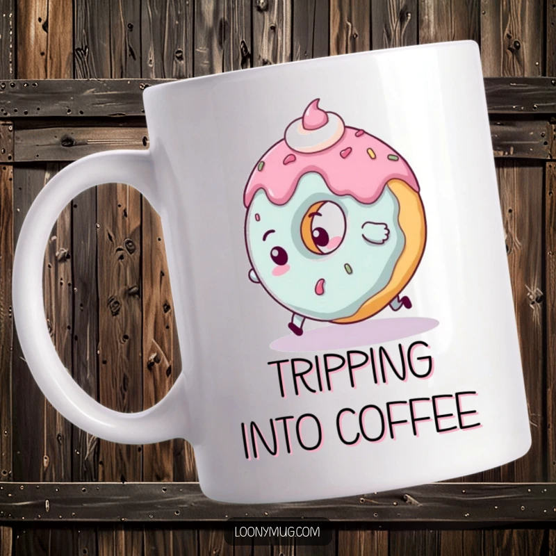 Funny clumsy donut mug character hilariously tripping over its own frosting, a humorous depiction of sweet mishap.