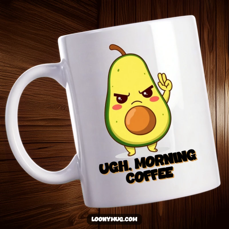 Funny mug showcasing a grumpy avocado character reluctantly offering a high-five, capturing a moment of forced affection.