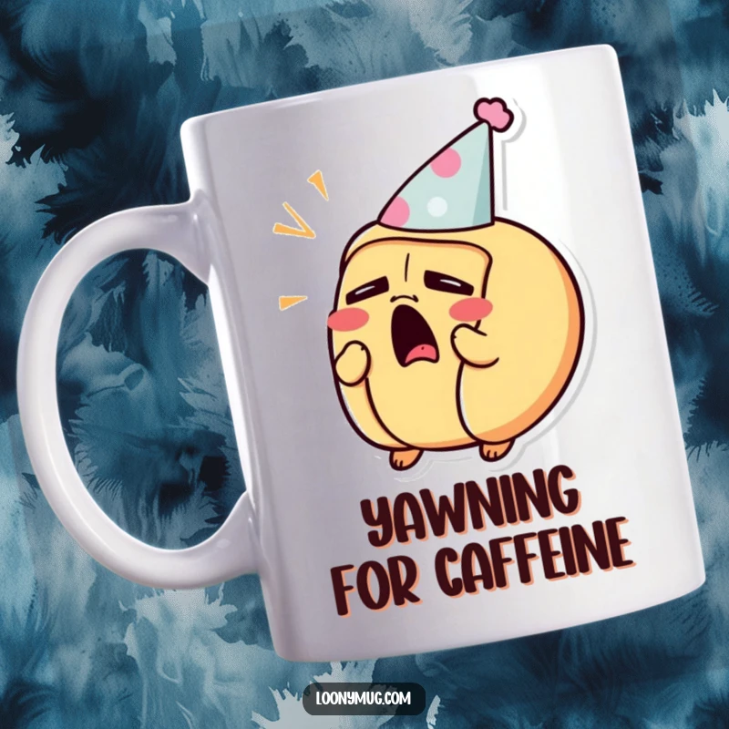 Funny mug featuring a sleepy hot dog character yawning widely while wearing a small, festive party hat.