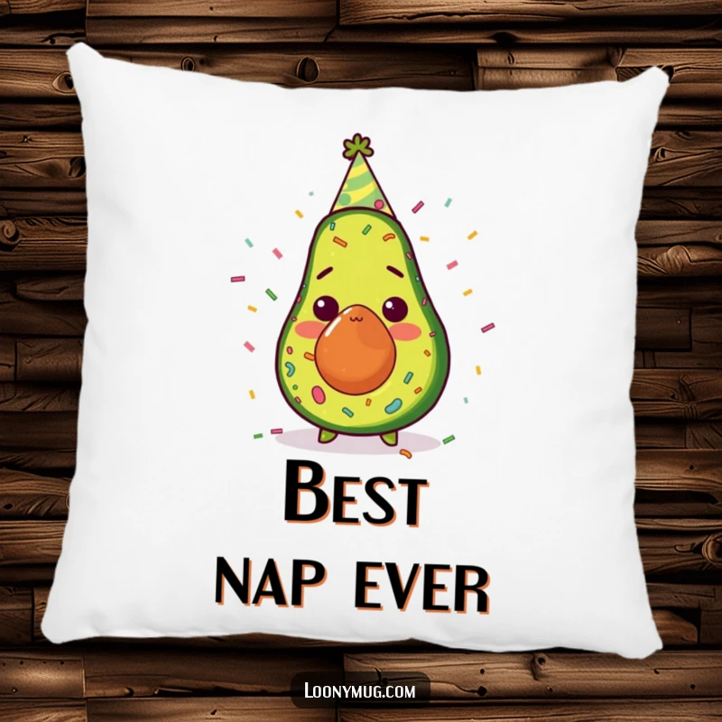 Funny avocado with party hat and confetti, looking surprised, on a soft pillow, bringing humor to any room, cozy.