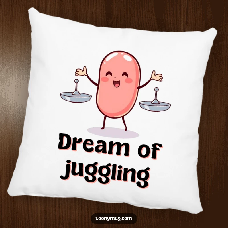 Funny pillow featuring a wobbly jelly bean juggling three spinning plates, perfect for adding comfort and humor to any room.