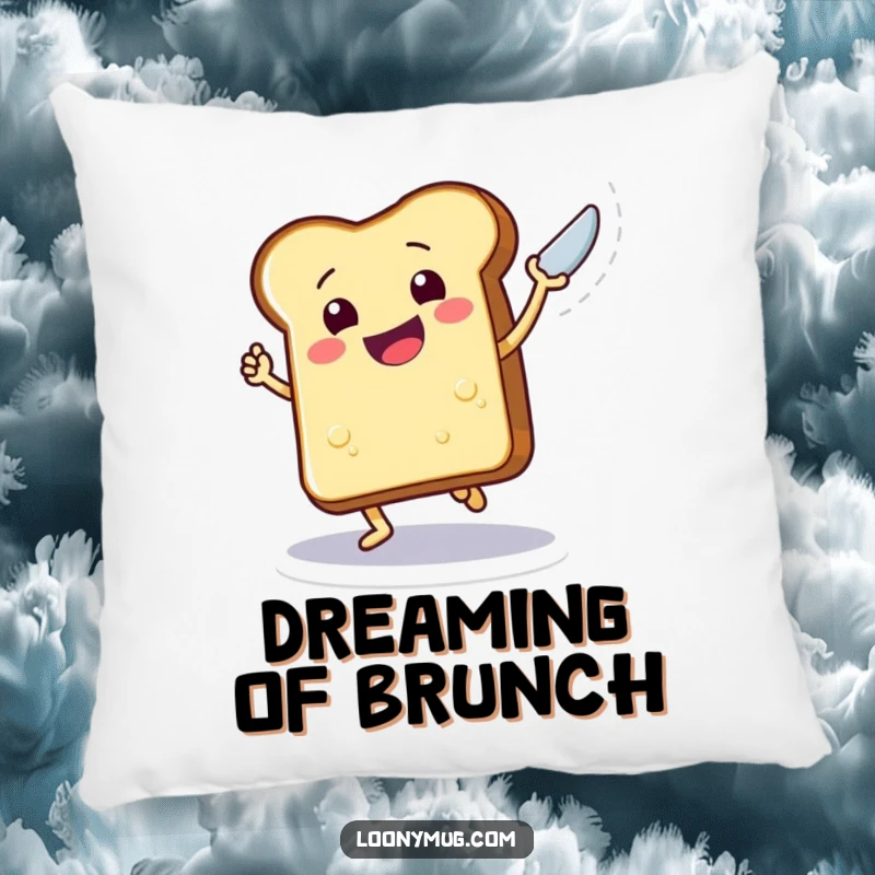 Funny pillow with a soft texture, showing a cheerful piece of toast performing an energetic dance while holding a butter knife.