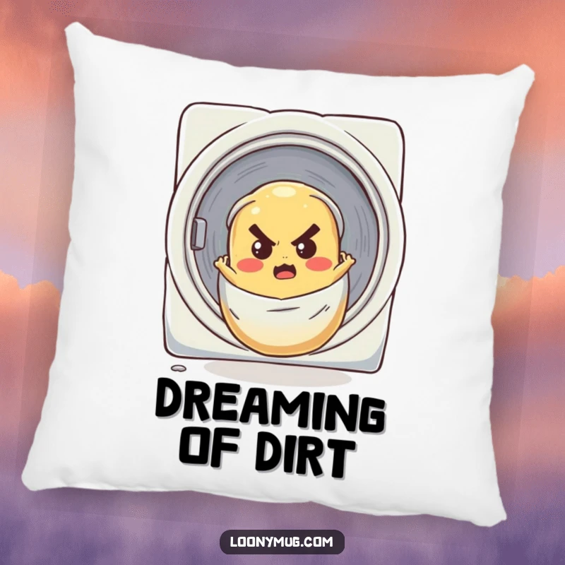 Funny pillow showcasing a potato determinedly rolling down a laundry chute, offering a touch of soft, humorous decor.