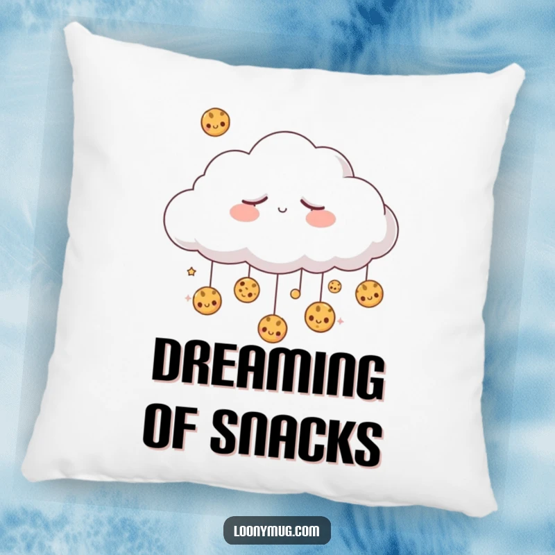 Funny sleepy cloud dreaming of raining cookies, printed on a soft decorative pillow. A humorous and cozy accent piece.
