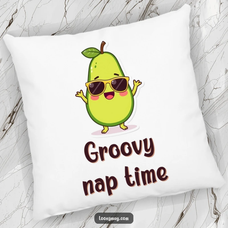 Funny decorative pillow with a cute avocado character wearing sunglasses and doing a silly dance, adding fun.