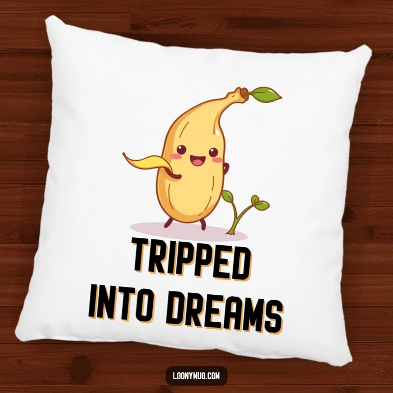 Funny pillow with a mischievous banana peel attempting to trip a smiling potato sprout, offering soft comfort and whimsical decor.