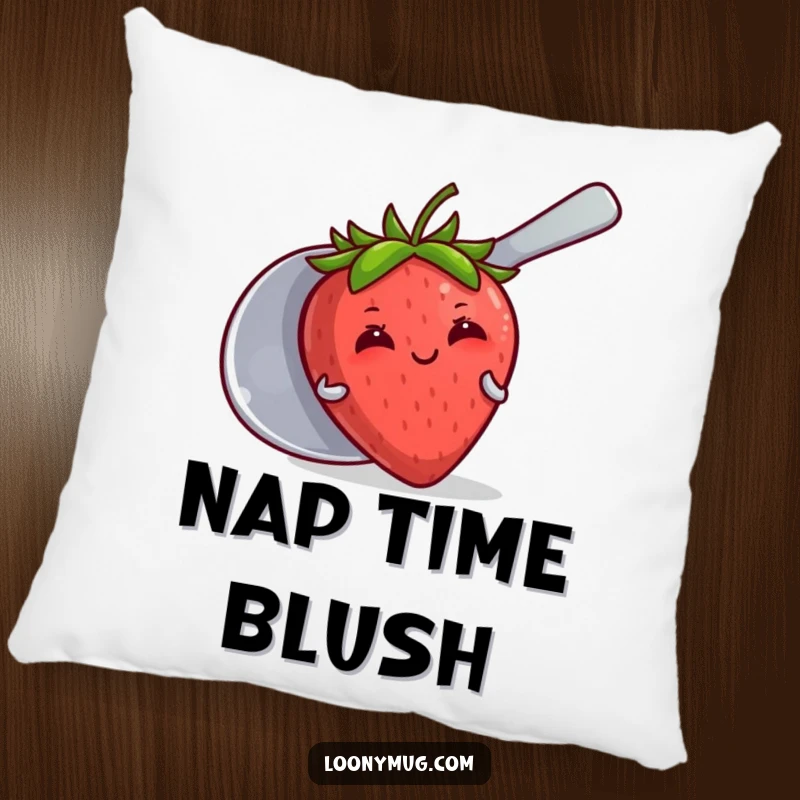 Funny pillow featuring a shy strawberry attempting to hide behind a giant spoon, adding soft, cute humor to a room.