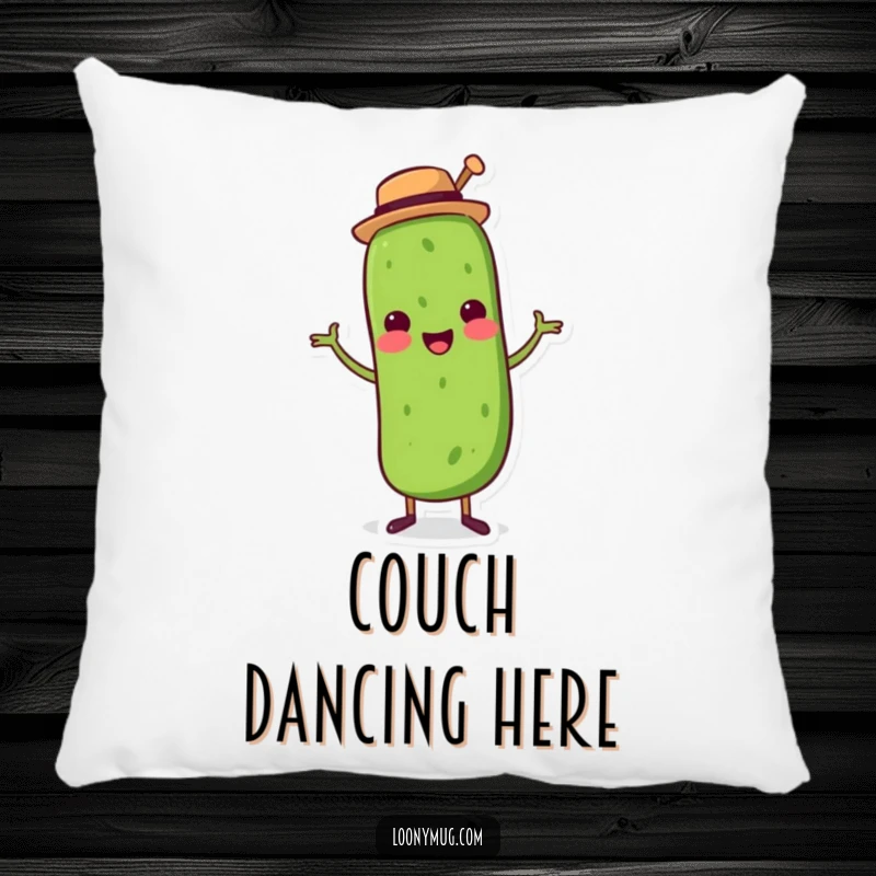 Funny pillow with a dancing pickle wearing a top hat, offering cozy comfort and quirky charm.