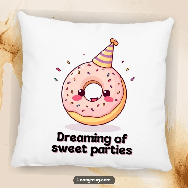 Funny pillow featuring a cheerful donut in a party hat juggling sprinkles.