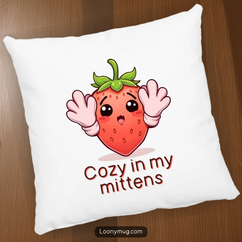 Soft pillow featuring a funny gardening strawberry in oversized gloves, designed to bring comfort and humor.