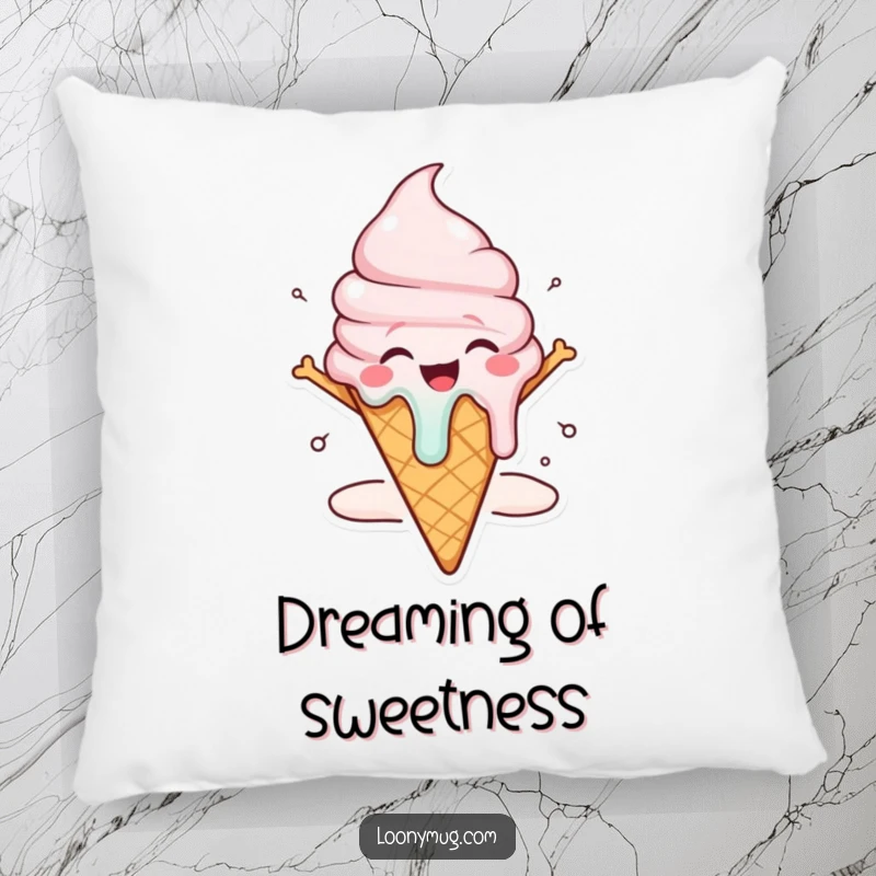 Funny ice cream cone pillow character melting with sheer joy, a comfortable and humorous decorative item.
