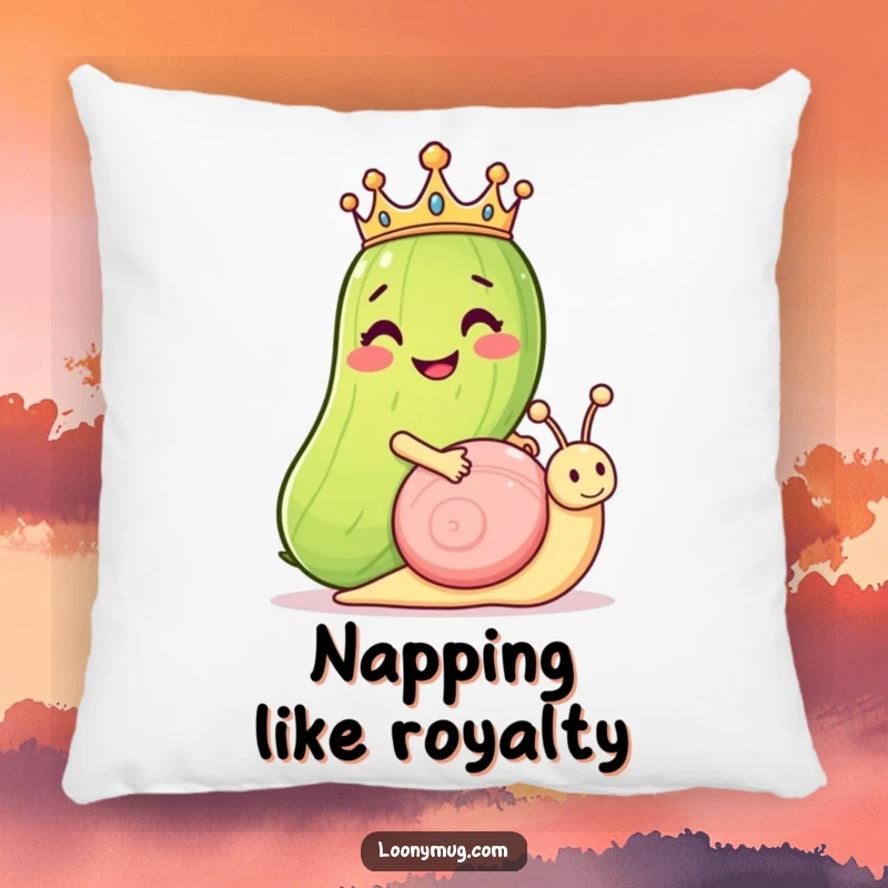 Funny pillow design: a grinning pickle wearing a crown rides a snail, offering soft comfort and a humorous touch to any room.