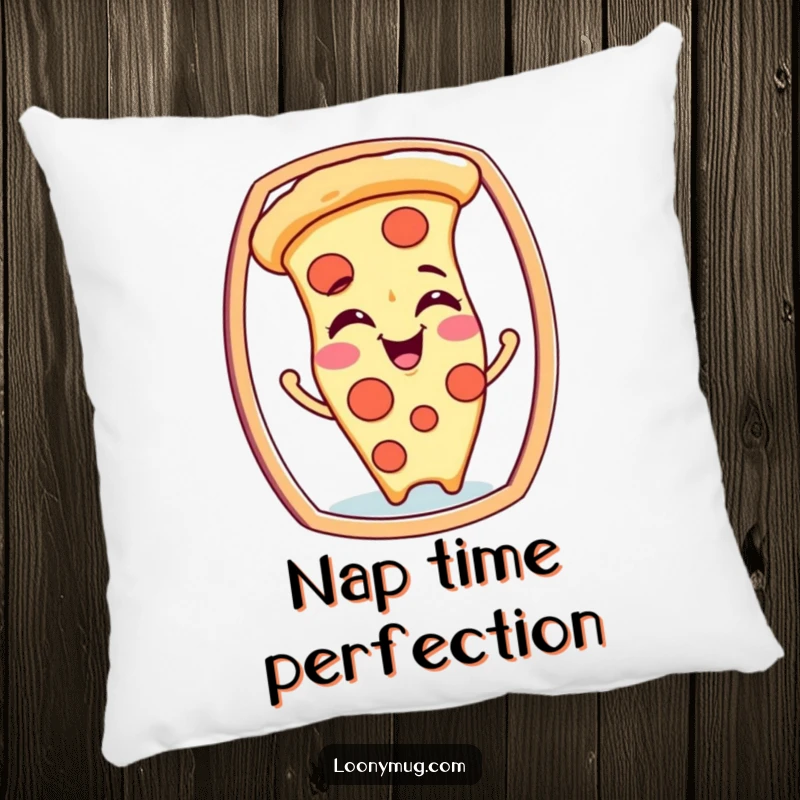 Funny pillow with a giggling pizza slice character making hilarious faces at its reflection, perfect for cozy humor.