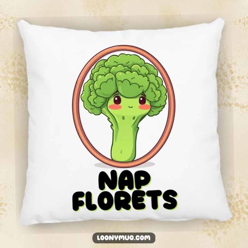 Funny pillow showcasing a proud broccoli admiring its reflection in a mirror, bringing soft, humorous decor.