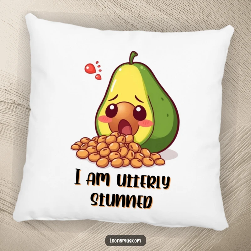 Funny shocked avocado spilling its seeds in disbelief, printed on a soft, decorative pillow. A humorous accent for any seating area.