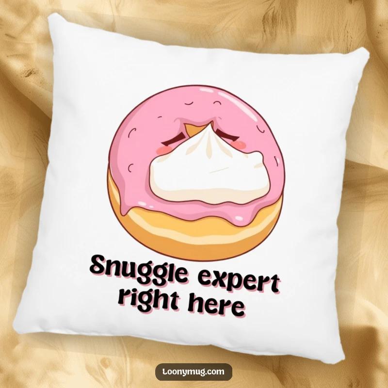 Funny pillow shaped like a sleepy donut snuggling a tiny whipped cream pillow, offering maximum comfort and charm.