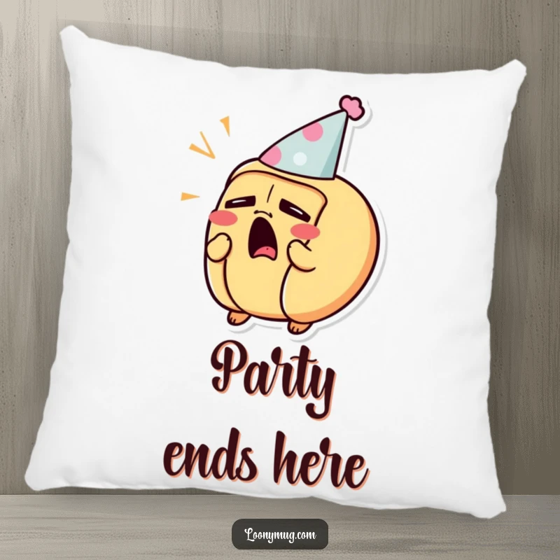 Funny pillow featuring a sleepy hot dog character yawning with a tiny party hat, perfect for cozy vibes.