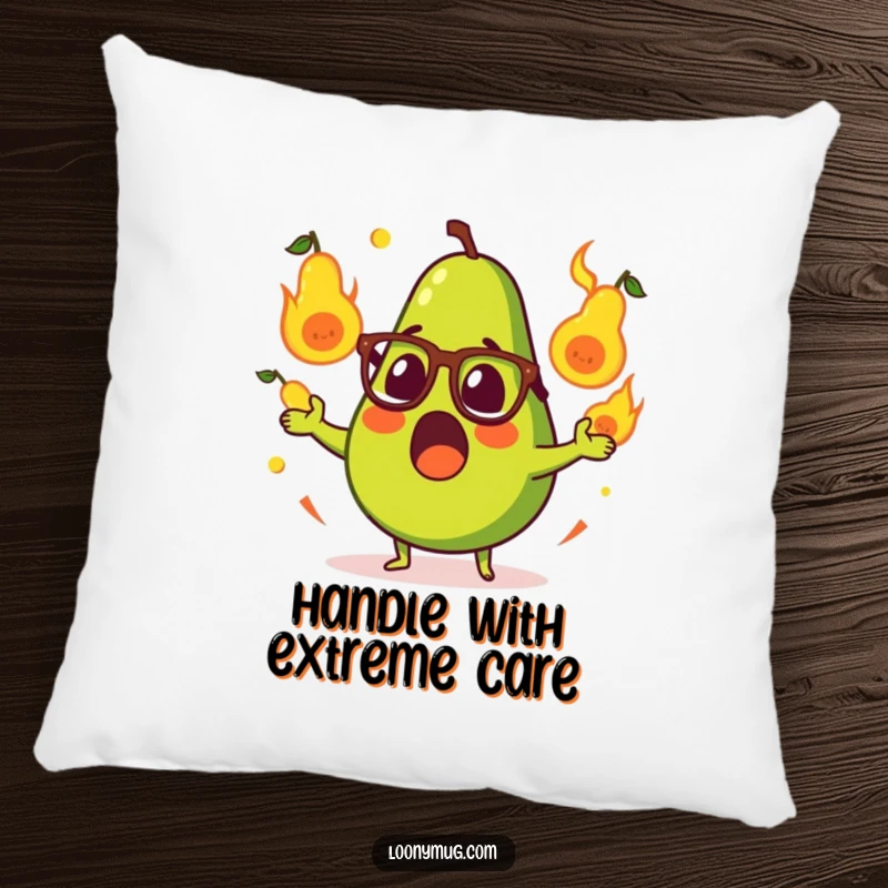 Funny pillow with a surprised avocado in glasses, juggling flaming pears, bringing humorous comfort and decor.