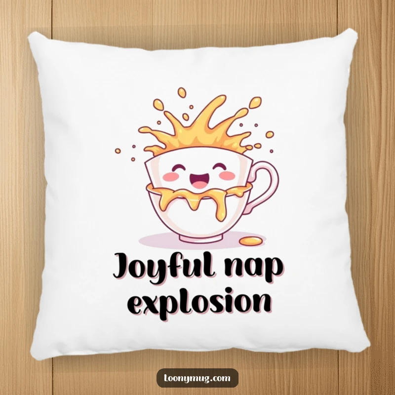 Funny pillow featuring a cheerful teacup character in the midst of a joyous, messy liquid spill.