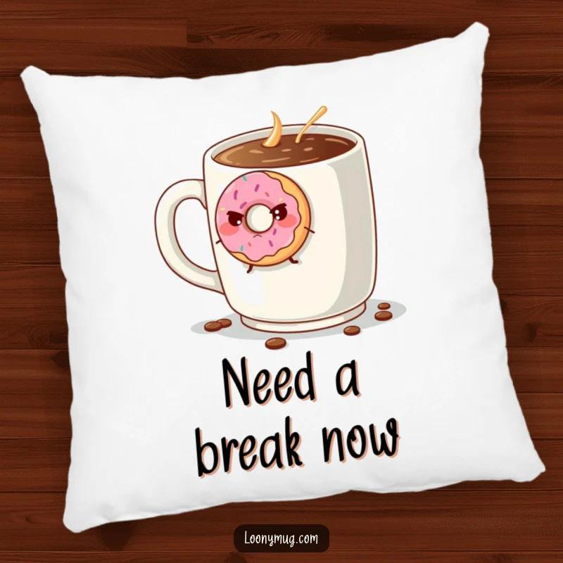 Funny grumpy donut trying to escape a giant coffee mug, printed on a soft decorative pillow. A humorous accent piece.