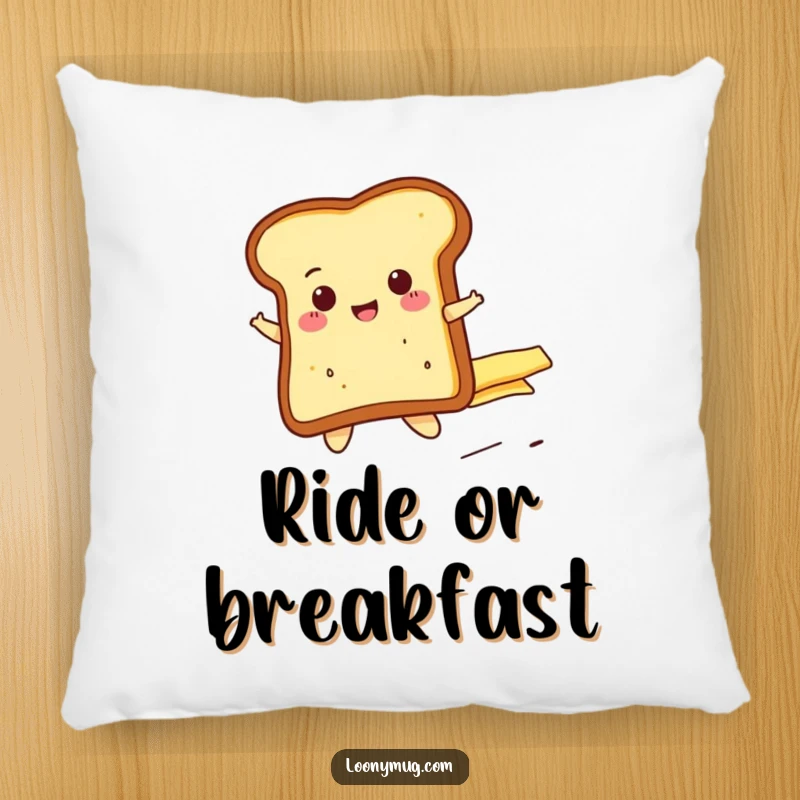 Funny cheerful toast slice riding a runaway butter pat, printed on a soft decorative pillow. A humorous and cozy accent.