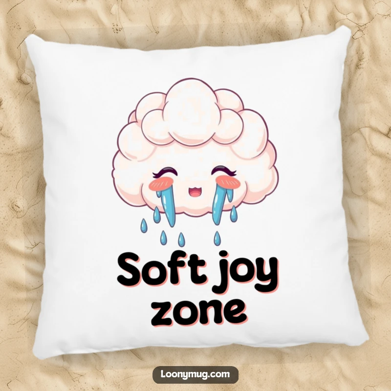 Funny pillow with a cloud crying a bright rainbow, offering comfort and a whimsical splash of joy.