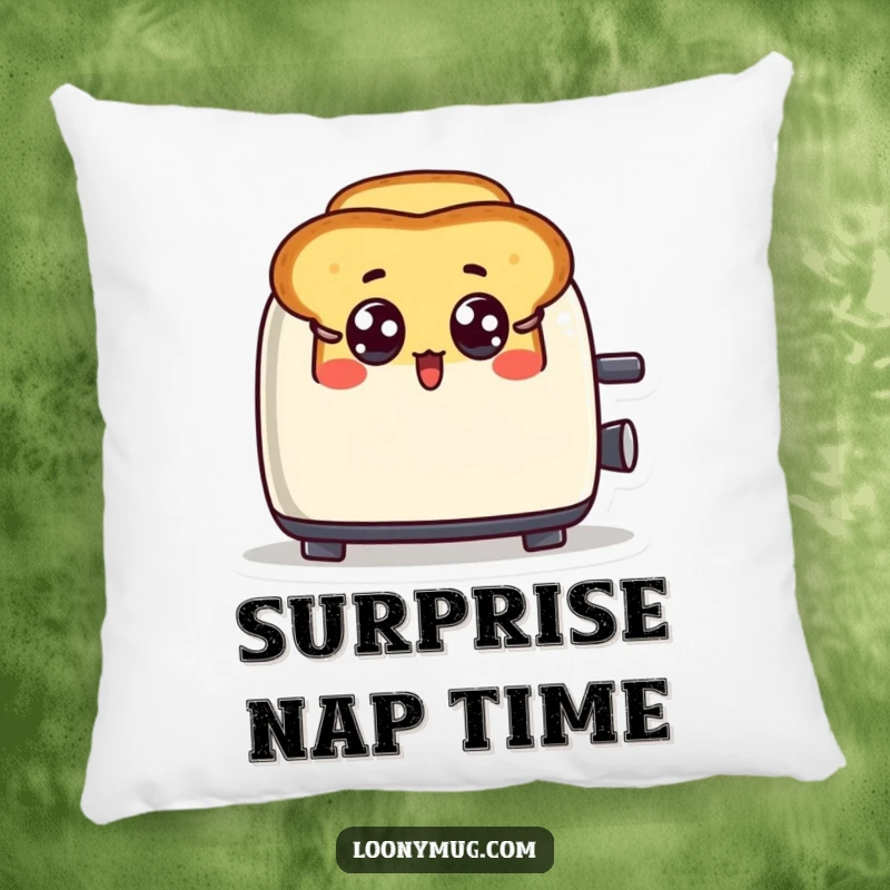 Funny pillow featuring a surprised toast character popping out of a toaster, conveying shock and humor.