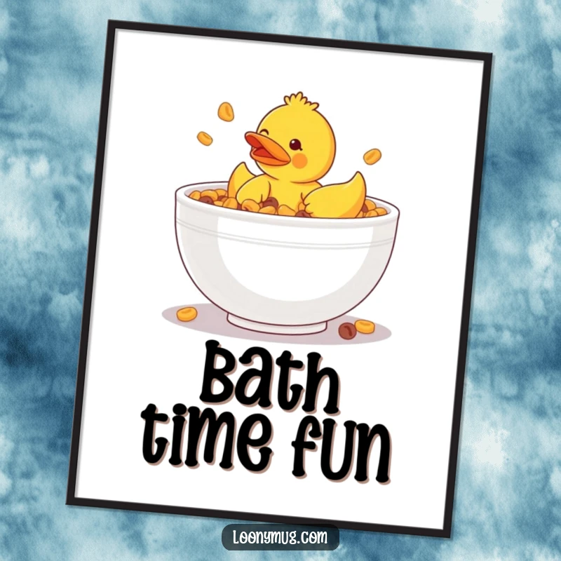 Funny digital art of a rubber ducky stuck in a giant bowl of cereal, a humorous and printable breakfast scene.